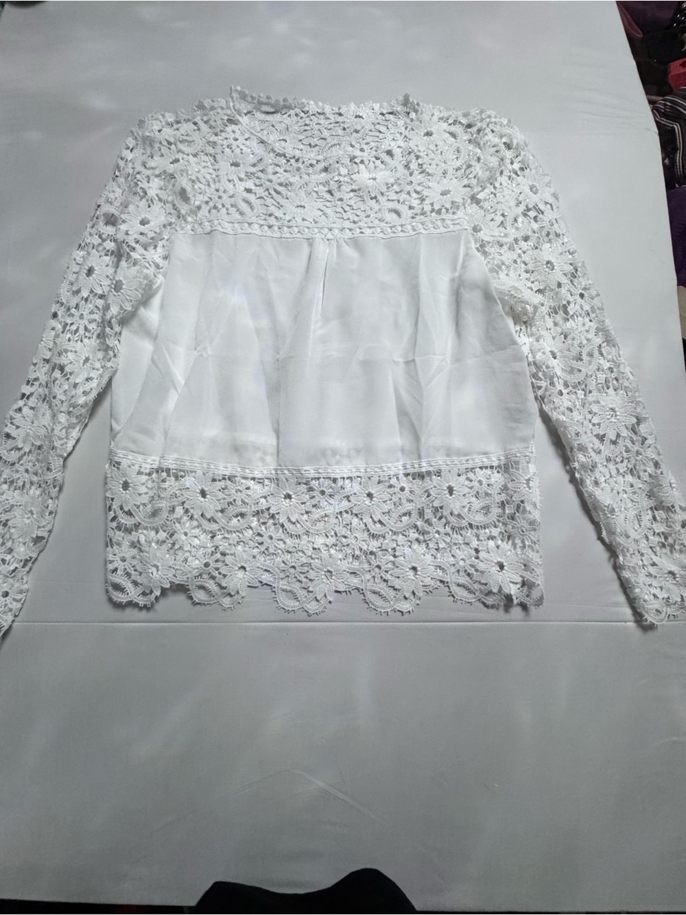 Vera Wang White Crochet Lace Panel Long-Sleeve Top